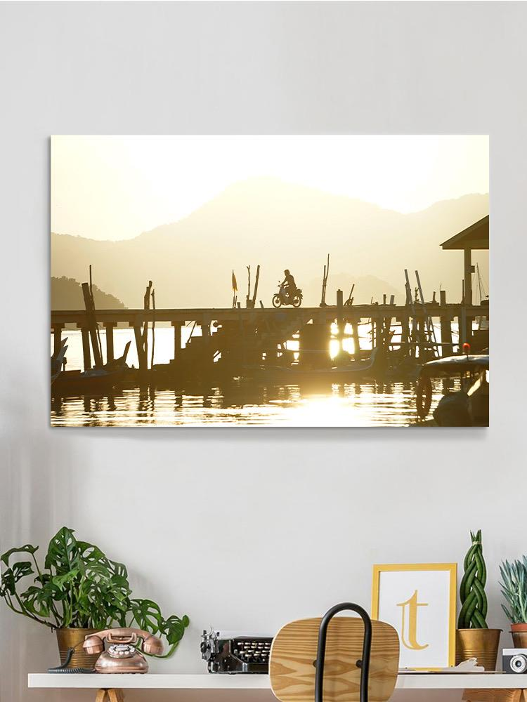 Riding A Motorcycle At A Pier Wrapped Canvas -Image by Shutterstock