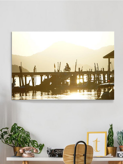 Riding A Motorcycle At A Pier Wrapped Canvas -Image by Shutterstock