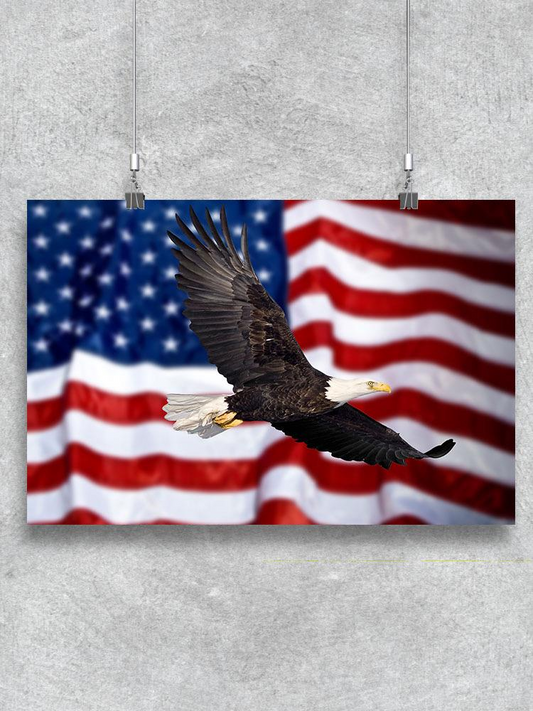 Eagle Flying In Front Of Flag. Poster -Image by Shutterstock