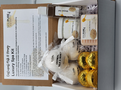 Spa Pure Luxury Spa Kit = Oatmeal, Milk & Honey, Gift for Her, Pampering Gift Set, Bath Fizzies, Shower Steamers, Whipped Soap Scrub, Shower gel