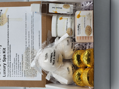 Spa Pure Luxury Spa Kit = Oatmeal, Milk & Honey, Gift for Her, Pampering Gift Set, Bath Fizzies, Shower Steamers, Whipped Soap Scrub, Shower gel