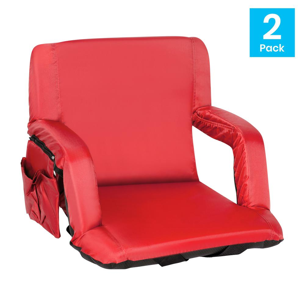 Set of 2 Red Portable Lightweight Reclining Stadium Chairs with Armrests, Padded Back & Seat - Storage Pockets & Backpack Straps