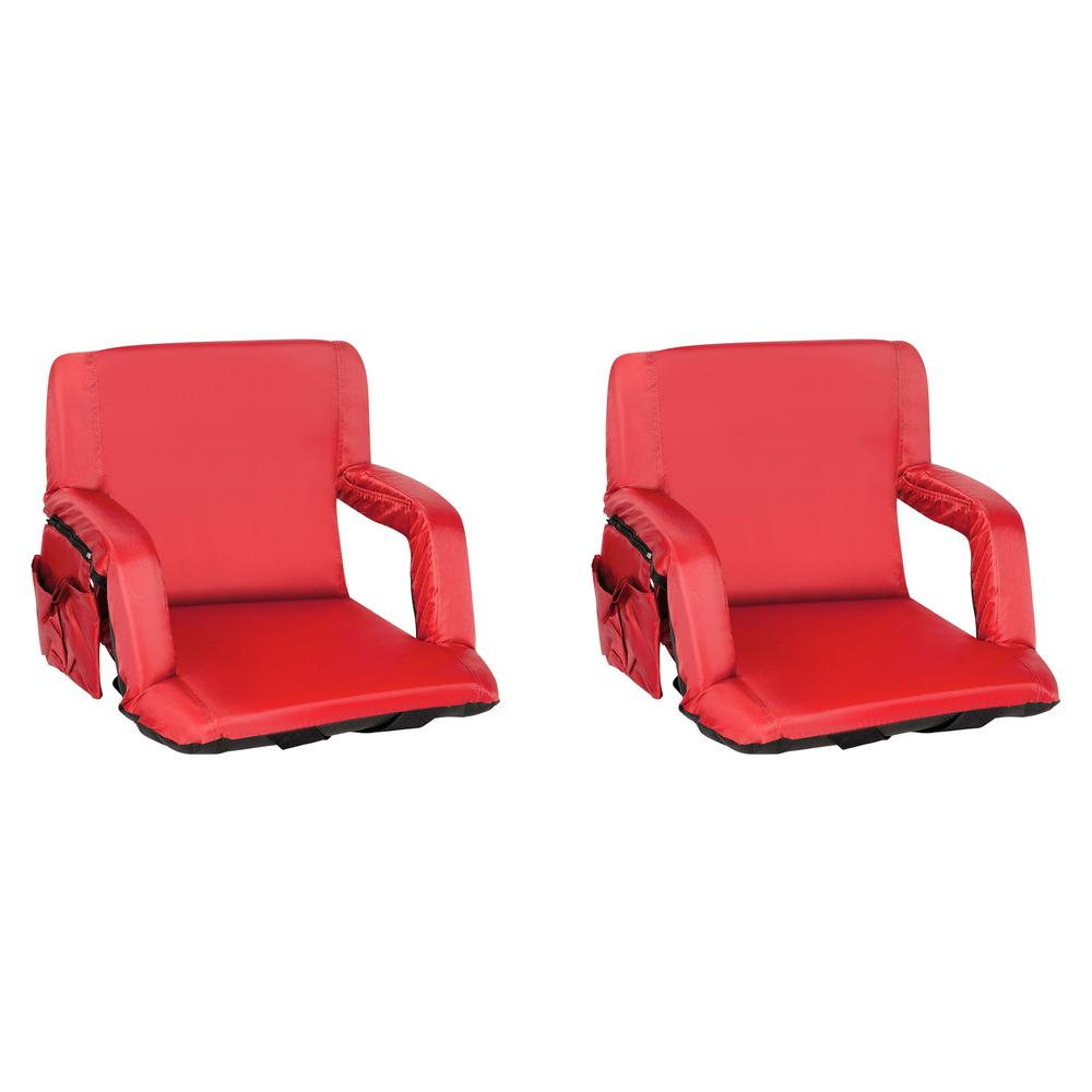 Set of 2 Red Portable Lightweight Reclining Stadium Chairs with Armrests, Padded Back & Seat - Storage Pockets & Backpack Straps