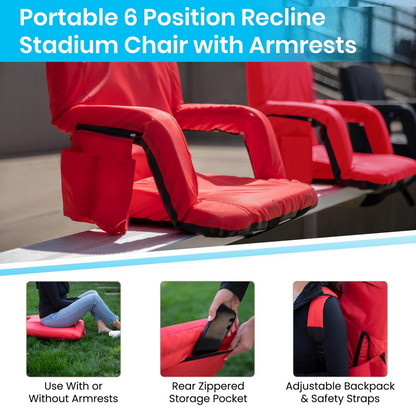 Set of 2 Red Portable Lightweight Reclining Stadium Chairs with Armrests, Padded Back & Seat - Storage Pockets & Backpack Straps