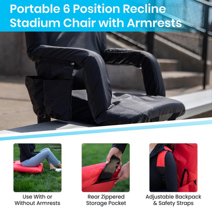 Black Portable Lightweight Reclining Stadium Chair with Armrests, Padded Back & Seat with Dual Storage Pockets and Backpack Straps