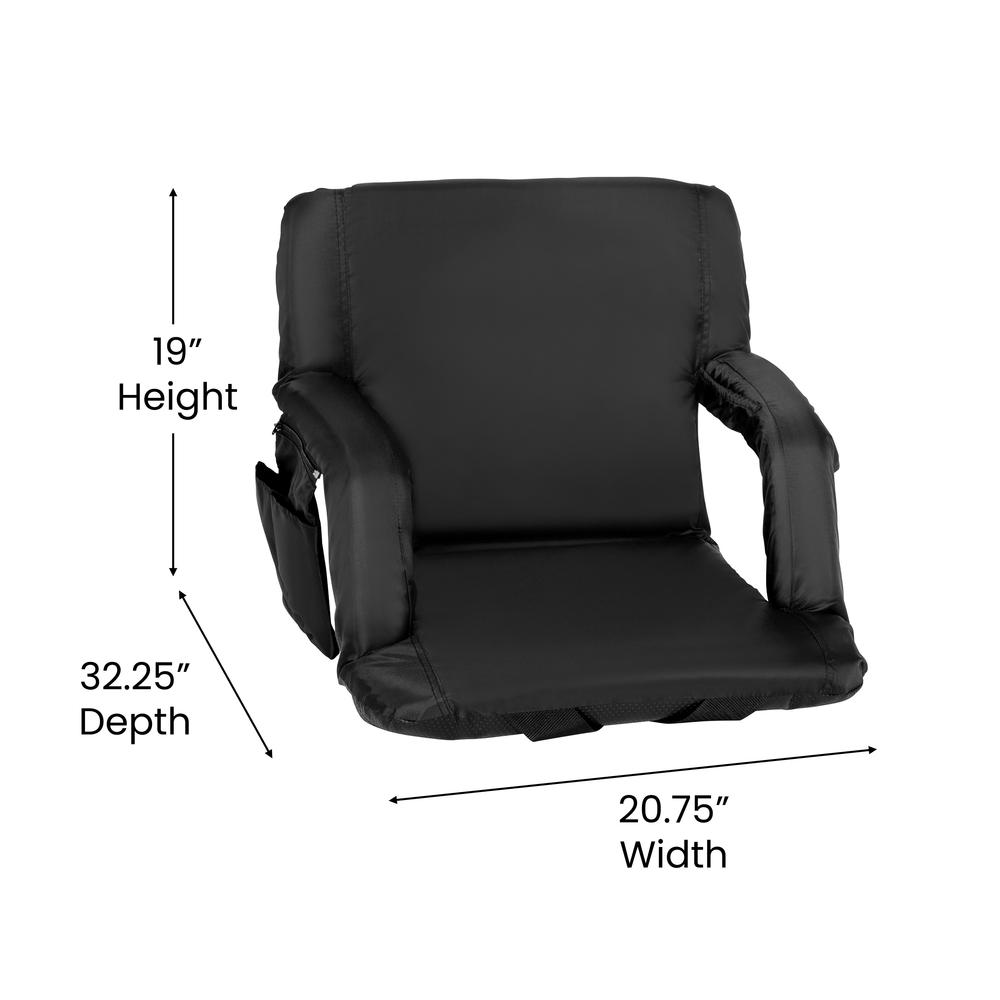 Black Portable Lightweight Reclining Stadium Chair with Armrests, Padded Back & Seat with Dual Storage Pockets and Backpack Straps