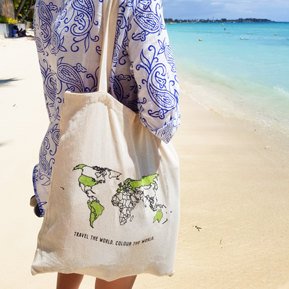 100% Cotton World Map Colour In Tote Bag