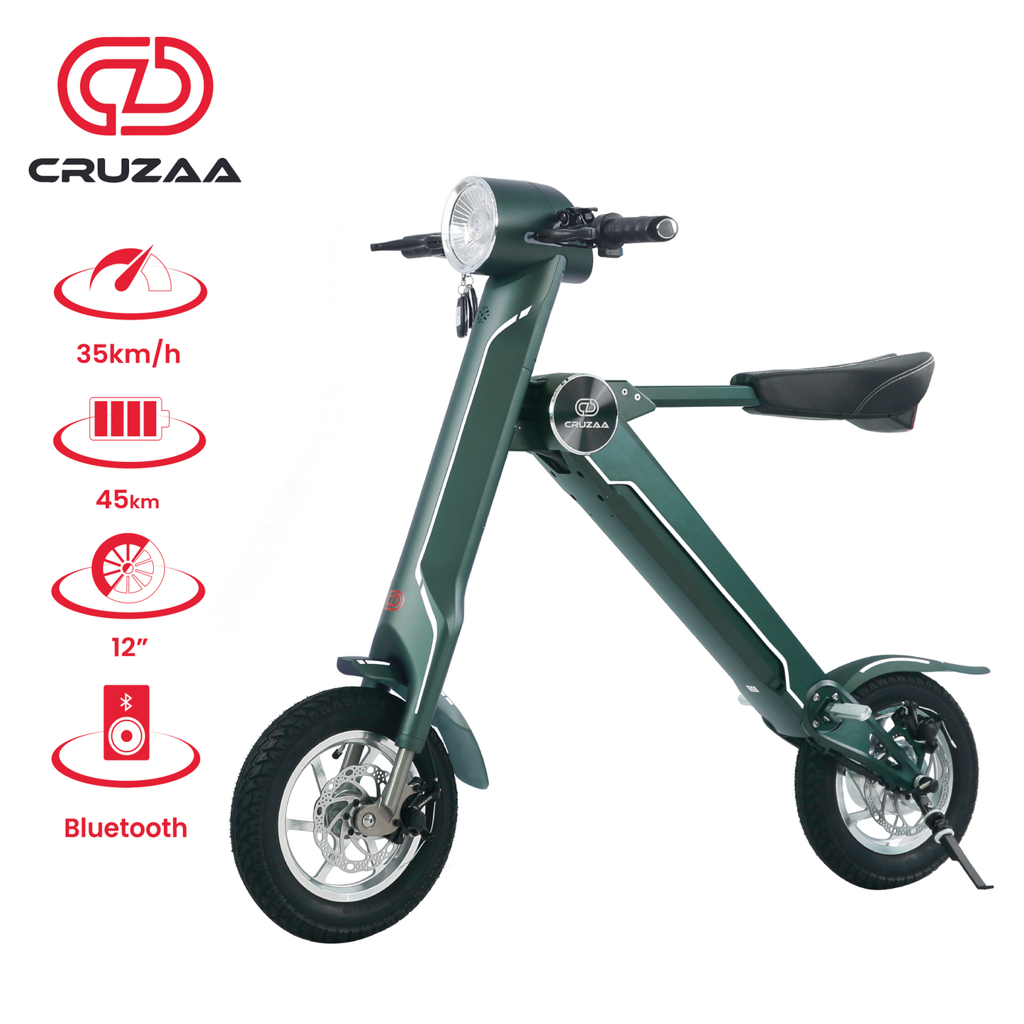 The Limited Edition Cruzaa Electric Scooter - 45km Range & 35kmh Top Speed Cruzaa Built in Bluetooth & Speakers + USB - Magno Green