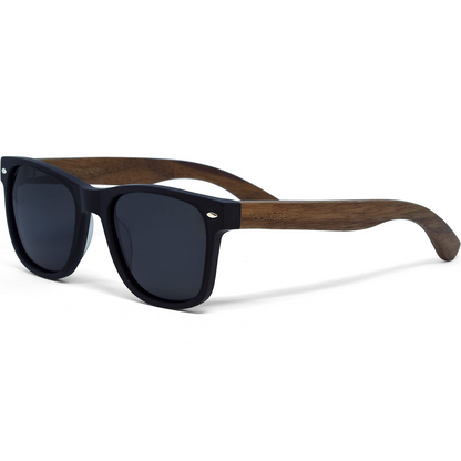 Walnut wood classic style sunglasses with black polarized lenses