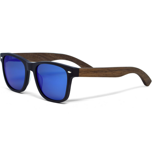 Walnut wood classic style sunglasses with blue mirrored polarized lenses