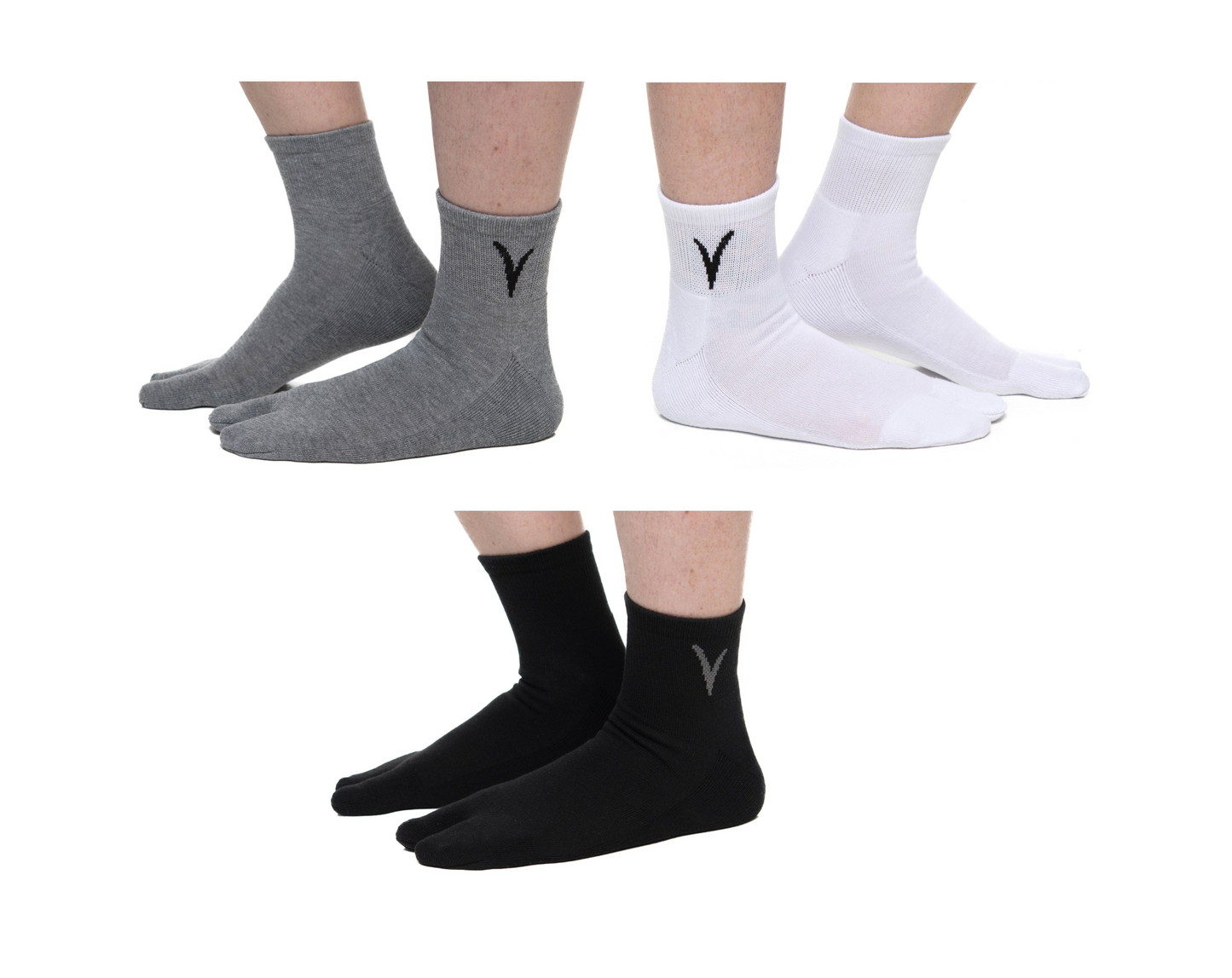 V-Toe Flip-Flop Socks Brand 3 Pairs Thicker Mini Crew - Black, White, Grey Solids