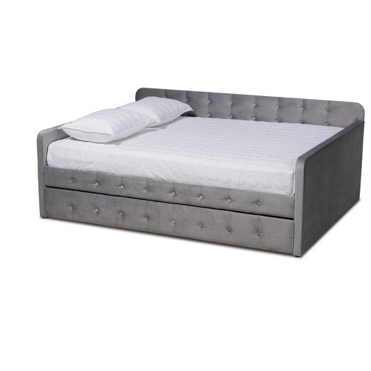 Jona Modern and Contemporary Transitional Grey Velvet Fabric Upholstered and Button Tufted Queen Size Daybed with Trundle