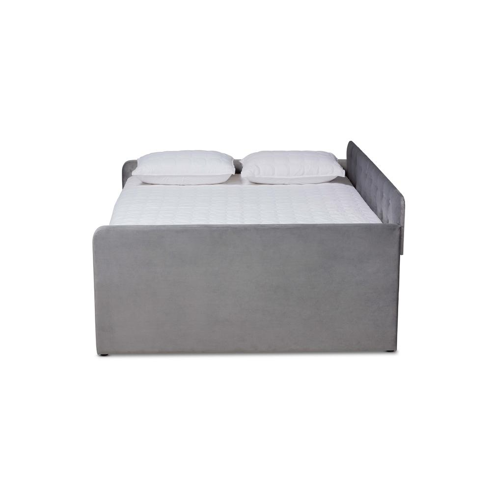 Jona Modern and Contemporary Transitional Grey Velvet Fabric Upholstered and Button Tufted Queen Size Daybed with Trundle