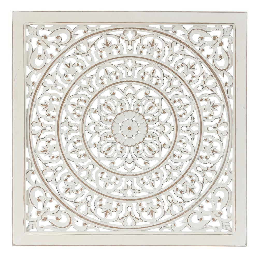 White Wood Square Floral-Patterned Wall Decor