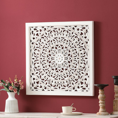 White Wood Square Floral-Patterned Wall Decor