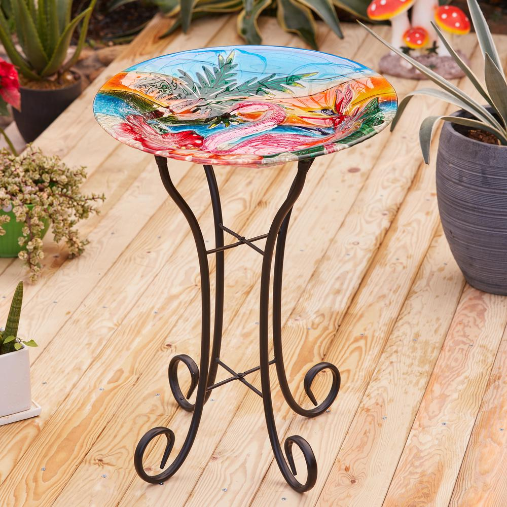 LuxenHome Flamingo Glass Bird Bath with Metal Stand