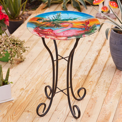 LuxenHome Flamingo Glass Bird Bath with Metal Stand