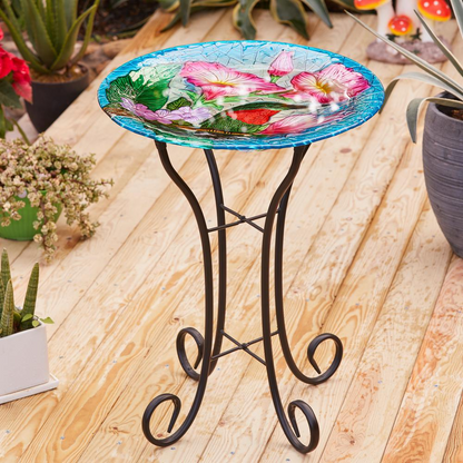 LuxenHome Hummingbird Floral Glass Bird Bath with Metal Stand