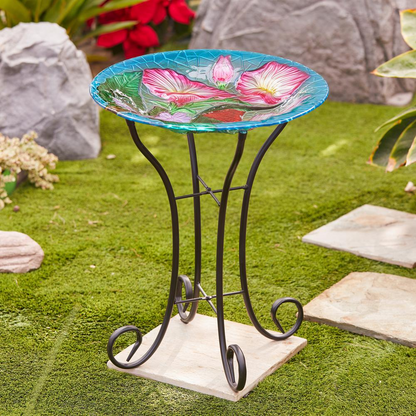 LuxenHome Hummingbird Floral Glass Bird Bath with Metal Stand