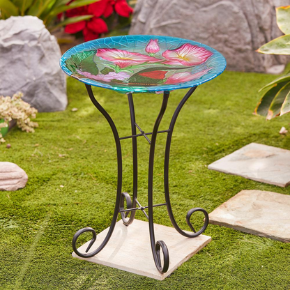 LuxenHome Hummingbird Floral Glass Bird Bath with Metal Stand