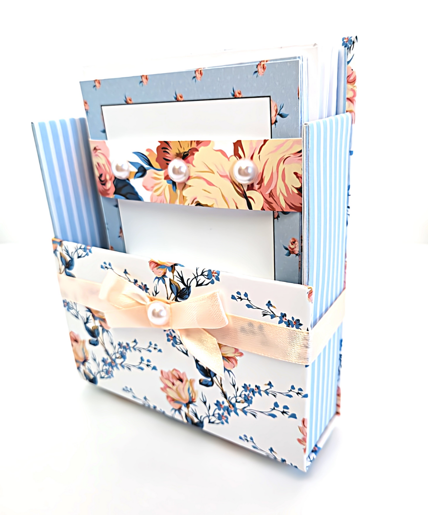 42-Pc Stationery Gift Box Set w/Reusable Desktop Organizer Box and Gold Pen - Vintage Blue Trellis Wallpaper