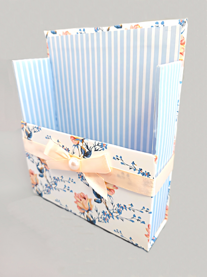 42-Pc Stationery Gift Box Set w/Reusable Desktop Organizer Box and Gold Pen - Vintage Blue Trellis Wallpaper