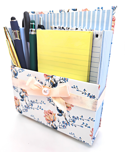 42-Pc Stationery Gift Box Set w/Reusable Desktop Organizer Box and Gold Pen - Vintage Blue Trellis Wallpaper