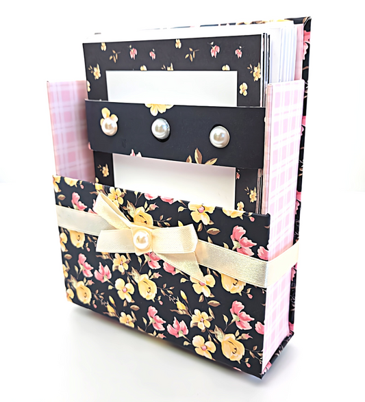 42-Pc Stationery Gift Box Set w/Reusable Desktop Organizer Box and Gold Pen - Black, Pink & Yellow Roses