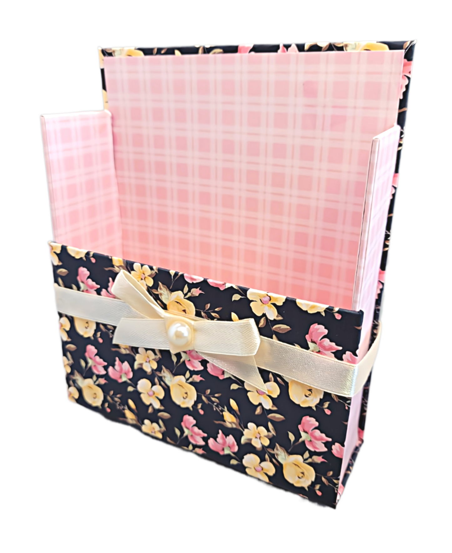 42-Pc Stationery Gift Box Set w/Reusable Desktop Organizer Box and Gold Pen - Black, Pink & Yellow Roses