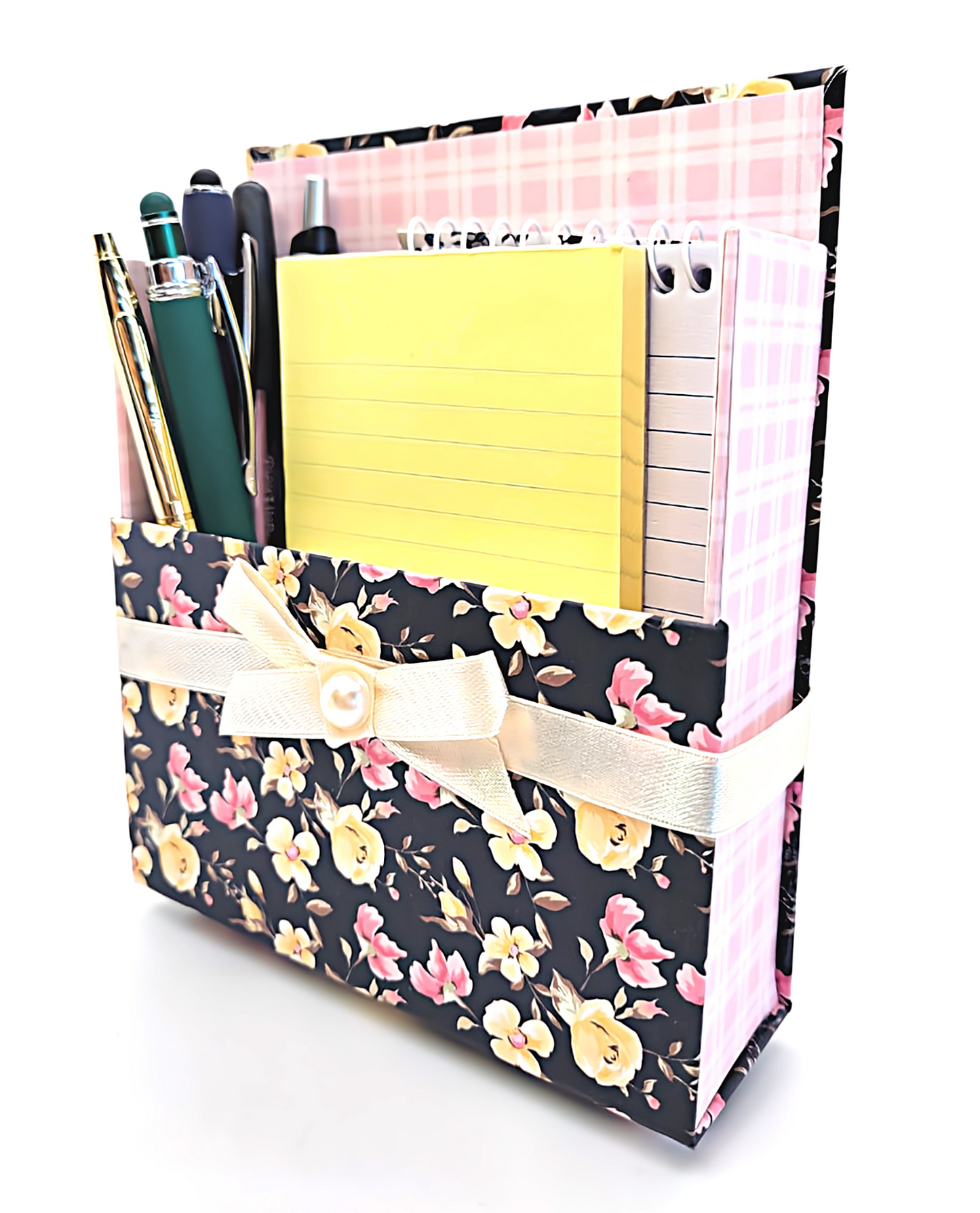 42-Pc Stationery Gift Box Set w/Reusable Desktop Organizer Box and Gold Pen - Black, Pink & Yellow Roses