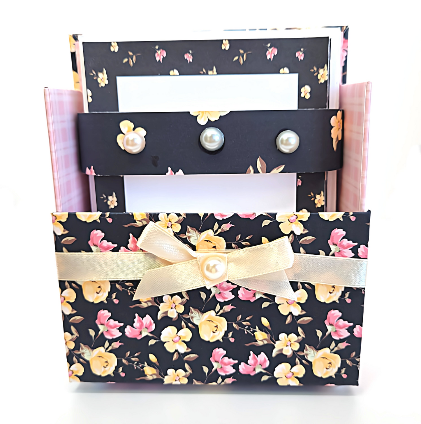 42-Pc Stationery Gift Box Set w/Reusable Desktop Organizer Box and Gold Pen - Black, Pink & Yellow Roses