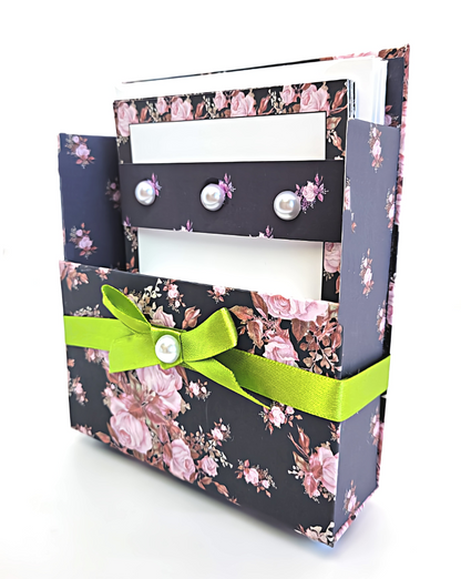 42-Pc Stationery Gift Box Set w/Reusable Desktop Organizer Box and Gold Pen - Pink & Coral Roses on Black