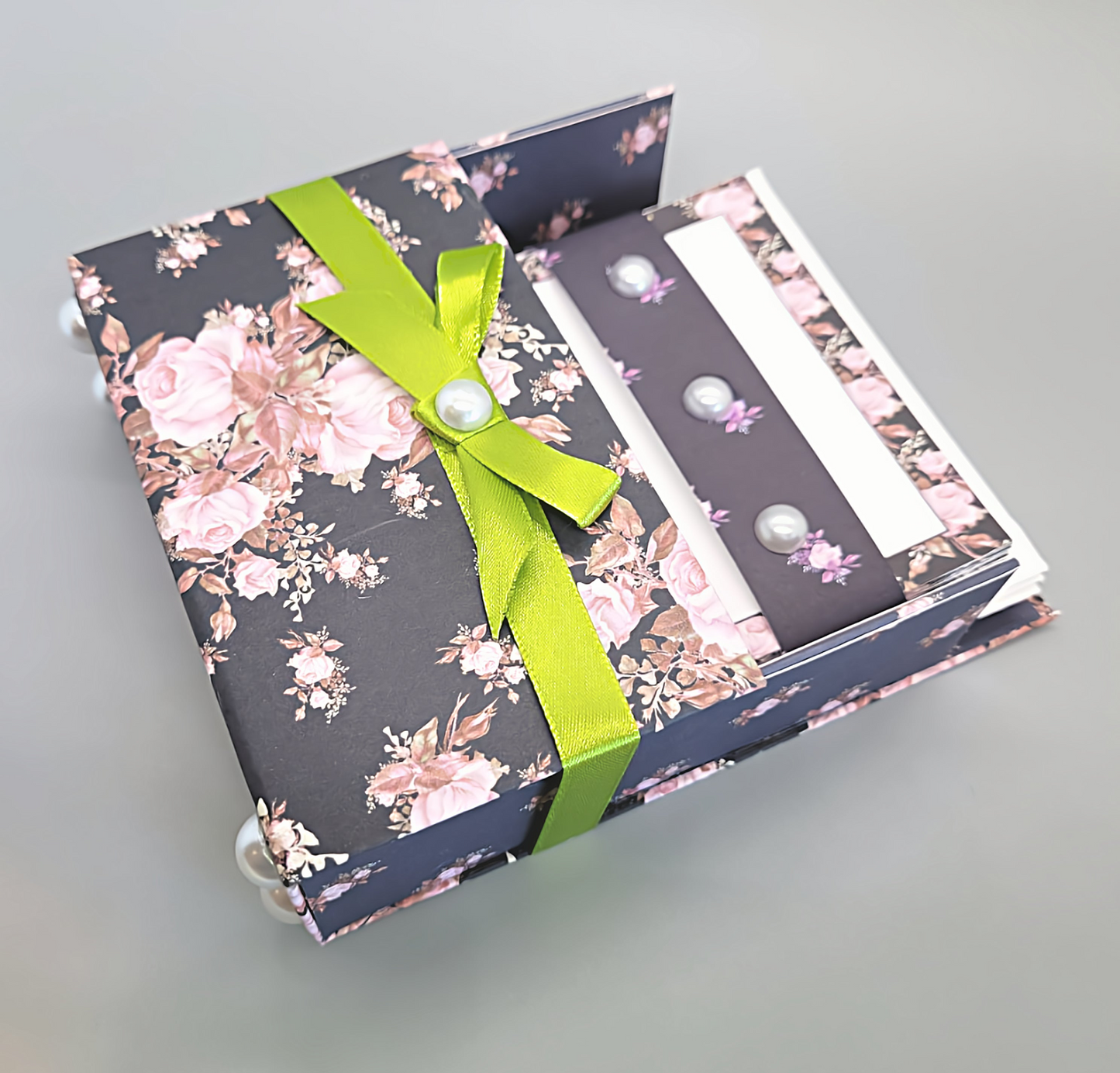 42-Pc Stationery Gift Box Set w/Reusable Desktop Organizer Box and Gold Pen - Pink & Coral Roses on Black