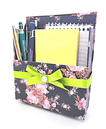 42-Pc Stationery Gift Box Set w/Reusable Desktop Organizer Box and Gold Pen - Pink & Coral Roses on Black