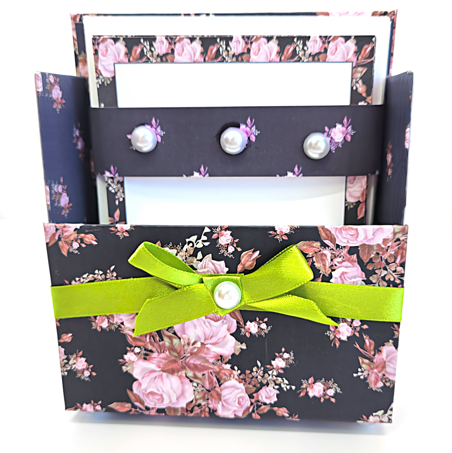 42-Pc Stationery Gift Box Set w/Reusable Desktop Organizer Box and Gold Pen - Pink & Coral Roses on Black