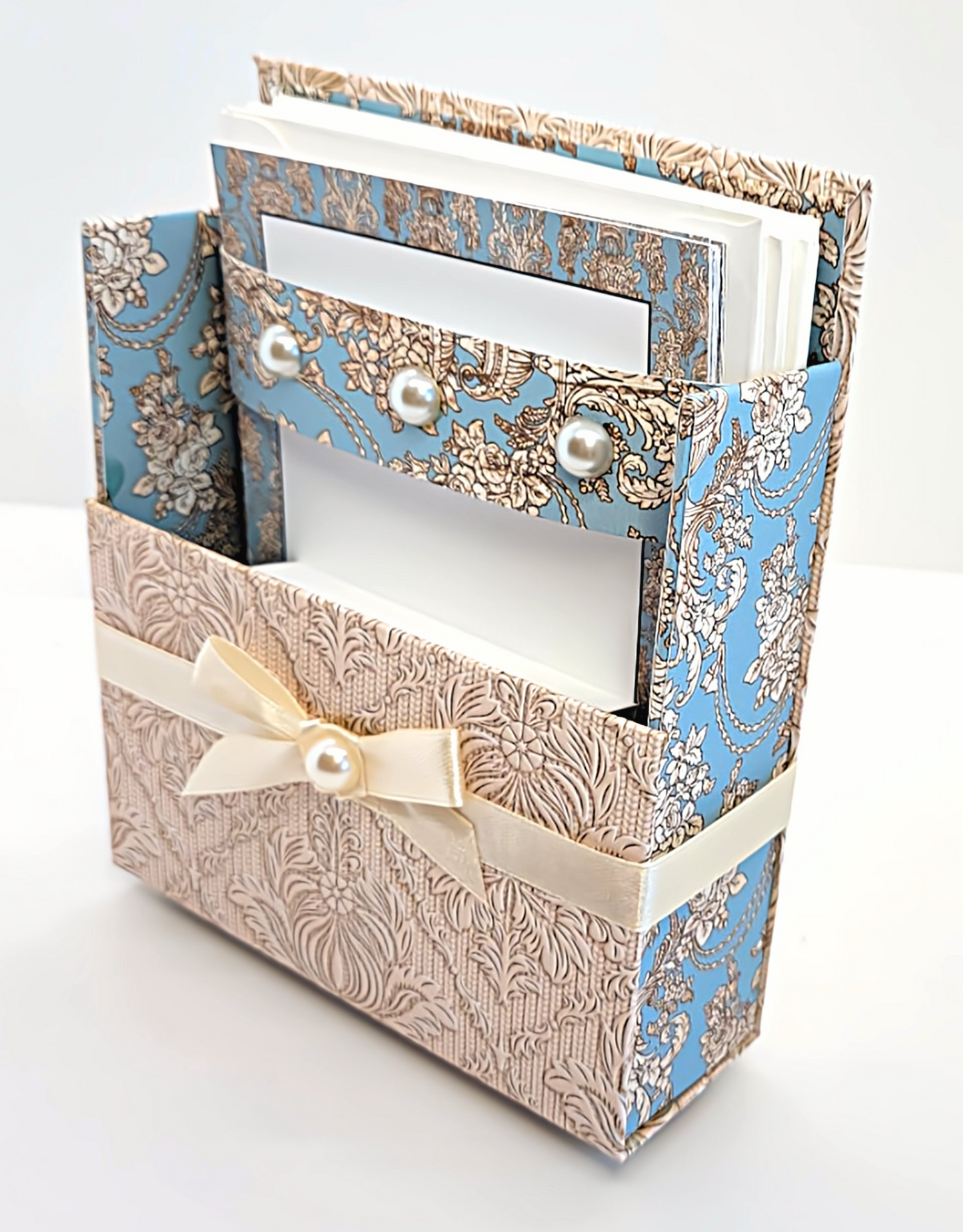 42-Pc Stationery Gift Box Set w/Reusable Desktop Organizer Box and Gold Pen - Blue & Ivory Lace