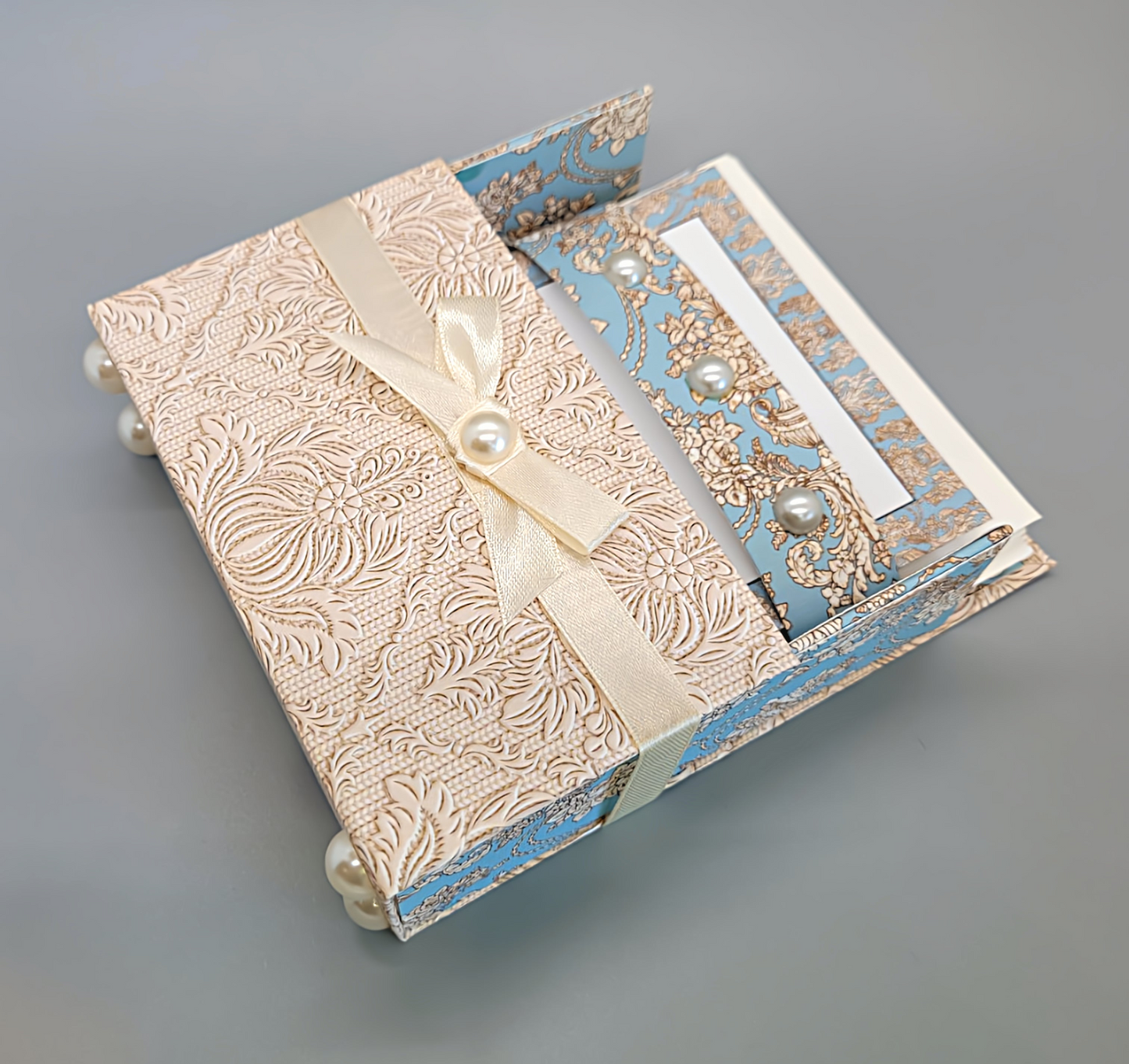 42-Pc Stationery Gift Box Set w/Reusable Desktop Organizer Box and Gold Pen - Blue & Ivory Lace