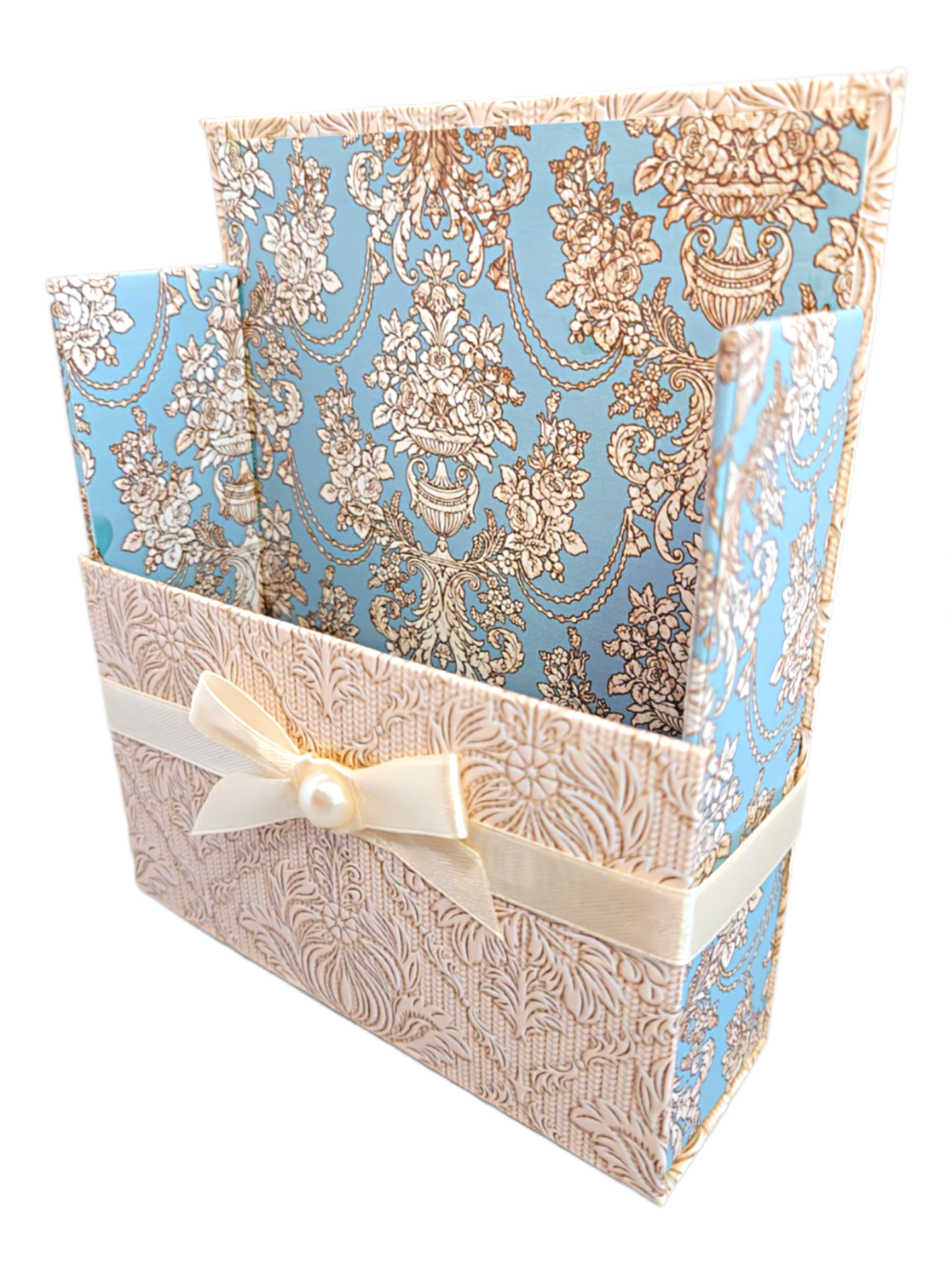 42-Pc Stationery Gift Box Set w/Reusable Desktop Organizer Box and Gold Pen - Blue & Ivory Lace