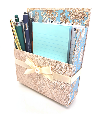 42-Pc Stationery Gift Box Set w/Reusable Desktop Organizer Box and Gold Pen - Blue & Ivory Lace