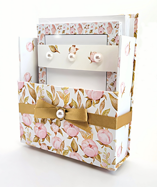 42-Pc Stationery Gift Box Set w/Reusable Desktop Organizer Box and Gold Pen - Pink Magnolias