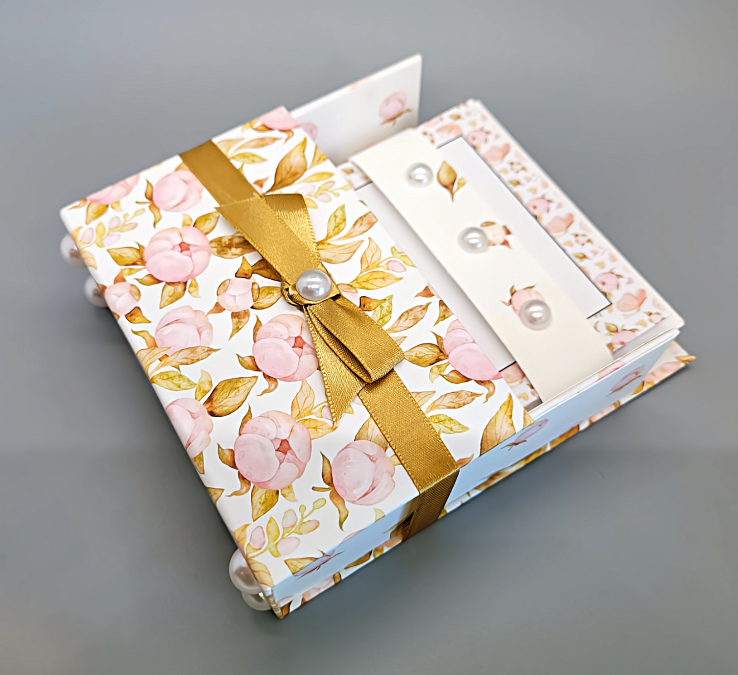 42-Pc Stationery Gift Box Set w/Reusable Desktop Organizer Box and Gold Pen - Pink Magnolias