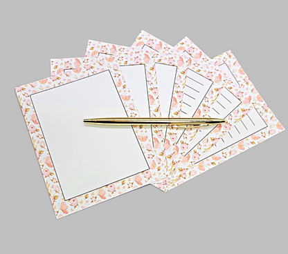 42-Pc Stationery Gift Box Set w/Reusable Desktop Organizer Box and Gold Pen - Pink Magnolias