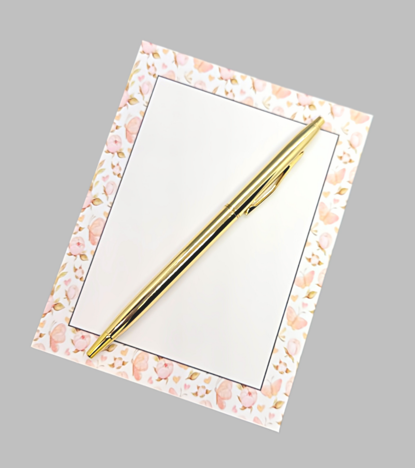 42-Pc Stationery Gift Box Set w/Reusable Desktop Organizer Box and Gold Pen - Pink Magnolias