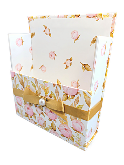 42-Pc Stationery Gift Box Set w/Reusable Desktop Organizer Box and Gold Pen - Pink Magnolias