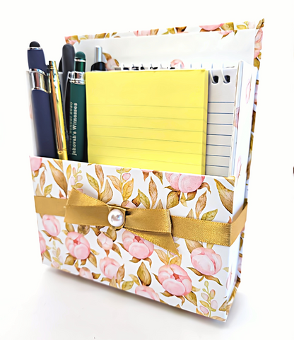 42-Pc Stationery Gift Box Set w/Reusable Desktop Organizer Box and Gold Pen - Pink Magnolias