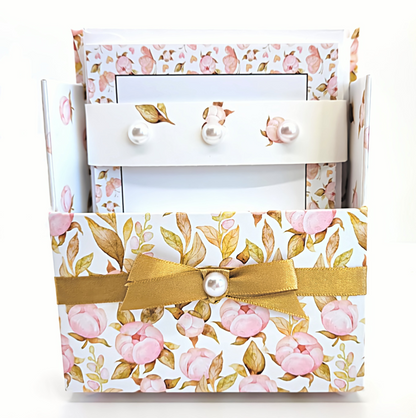 42-Pc Stationery Gift Box Set w/Reusable Desktop Organizer Box and Gold Pen - Pink Magnolias