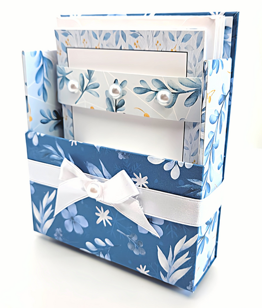 42-Pc Stationery Gift Box Set w/Reusable Desktop Organizer Box and Gold Pen - Blue and White Leaves, Petals & Fronds