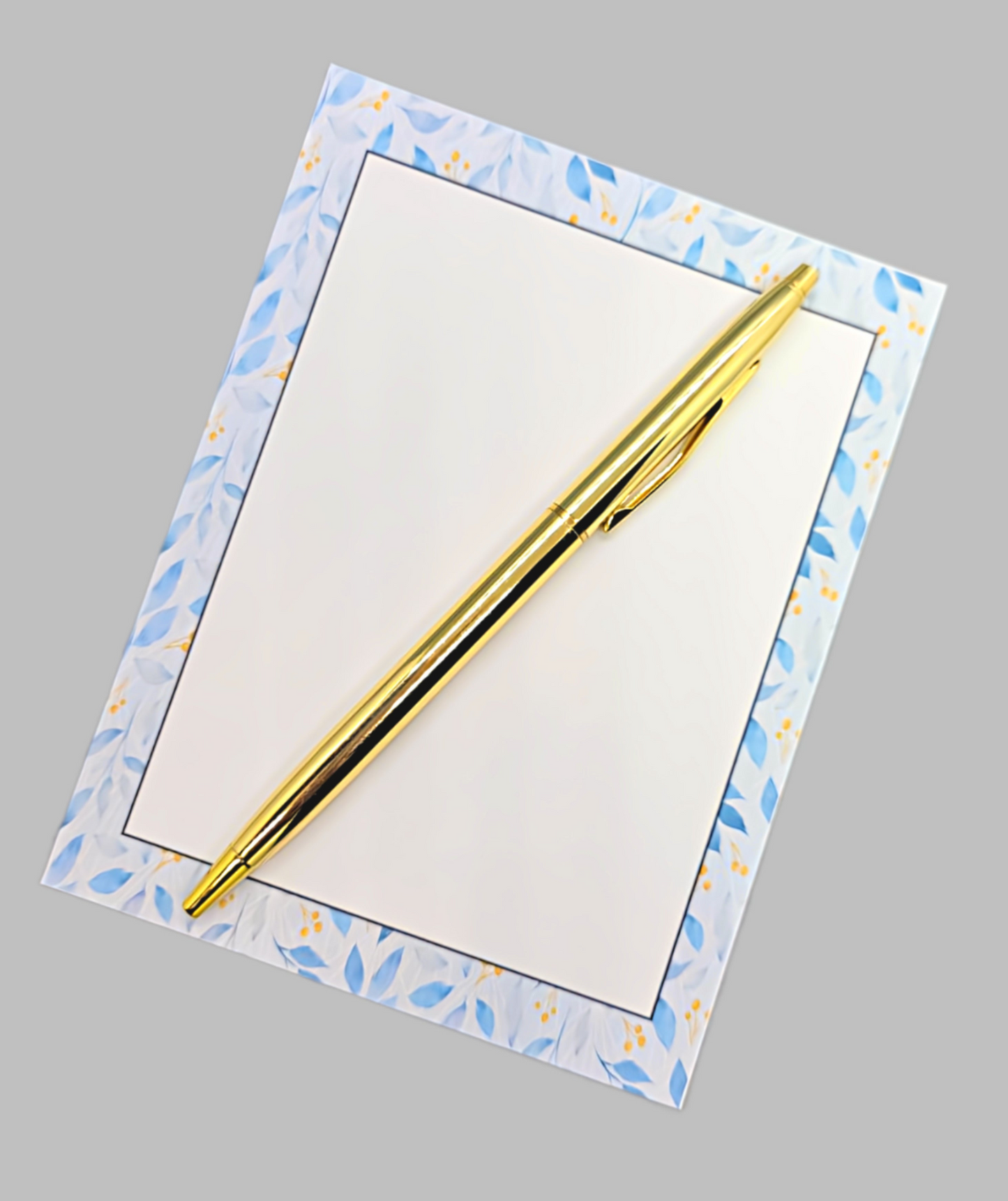 42-Pc Stationery Gift Box Set w/Reusable Desktop Organizer Box and Gold Pen - Blue and White Leaves, Petals & Fronds