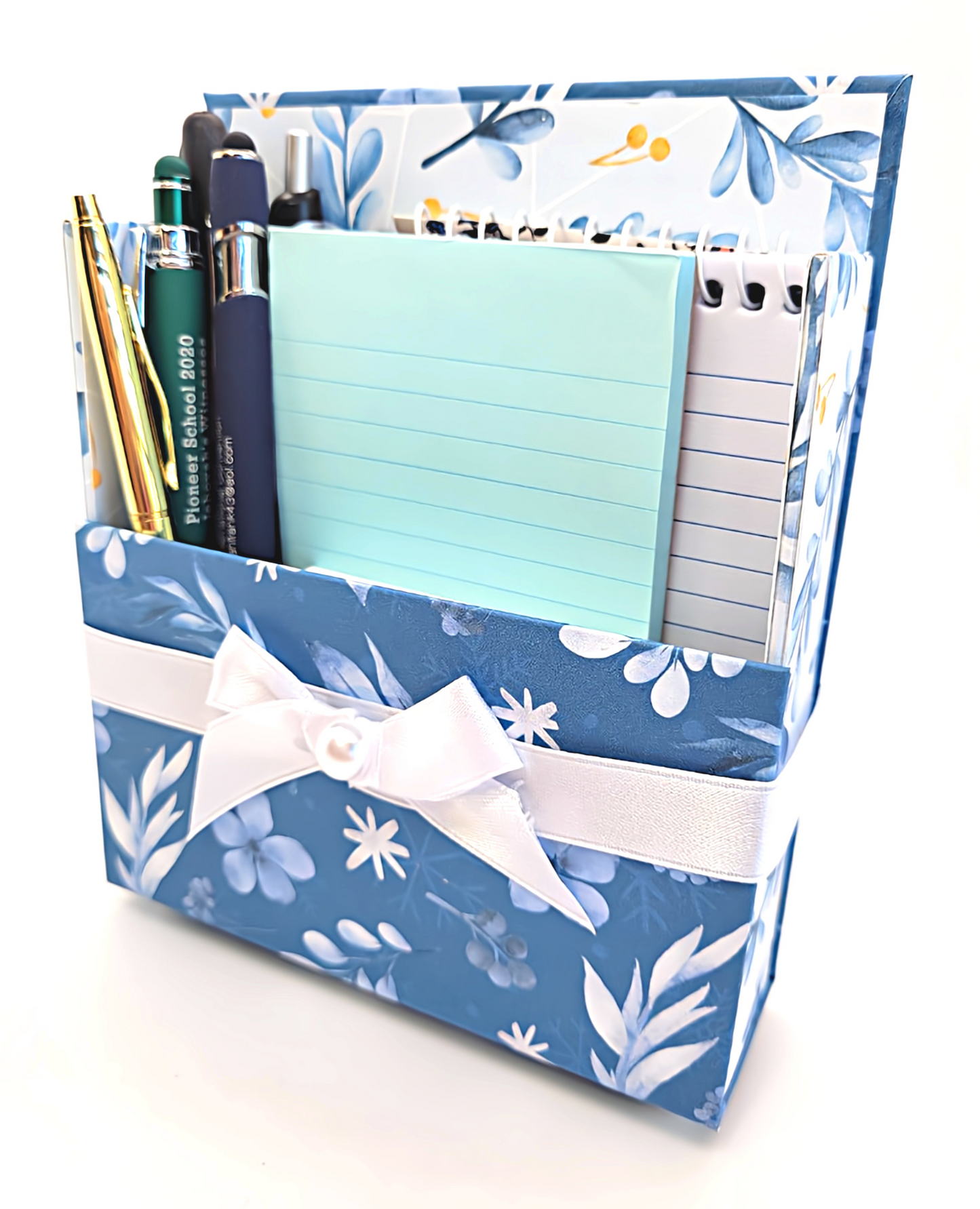 42-Pc Stationery Gift Box Set w/Reusable Desktop Organizer Box and Gold Pen - Blue and White Leaves, Petals & Fronds