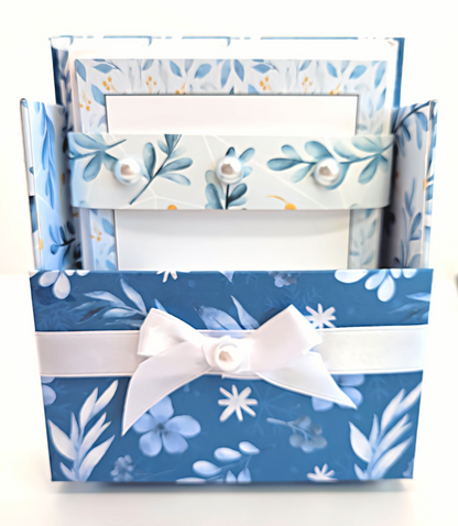 42-Pc Stationery Gift Box Set w/Reusable Desktop Organizer Box and Gold Pen - Blue and White Leaves, Petals & Fronds